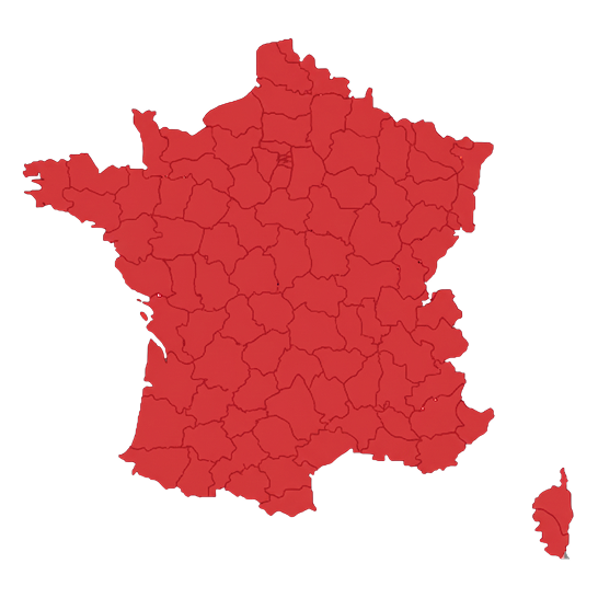 Carte des départements de France en rouge pour illumin-event, incluant l’Occitanie sur fond noir