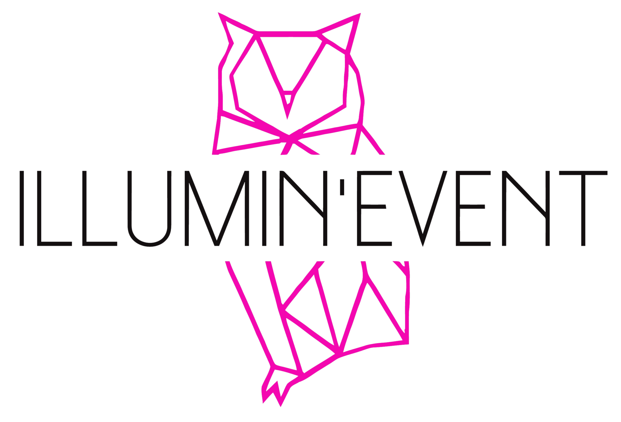 Logo moderne illumin-event avec chouette géométrique rose, identité visuelle événementielle en occitanie
